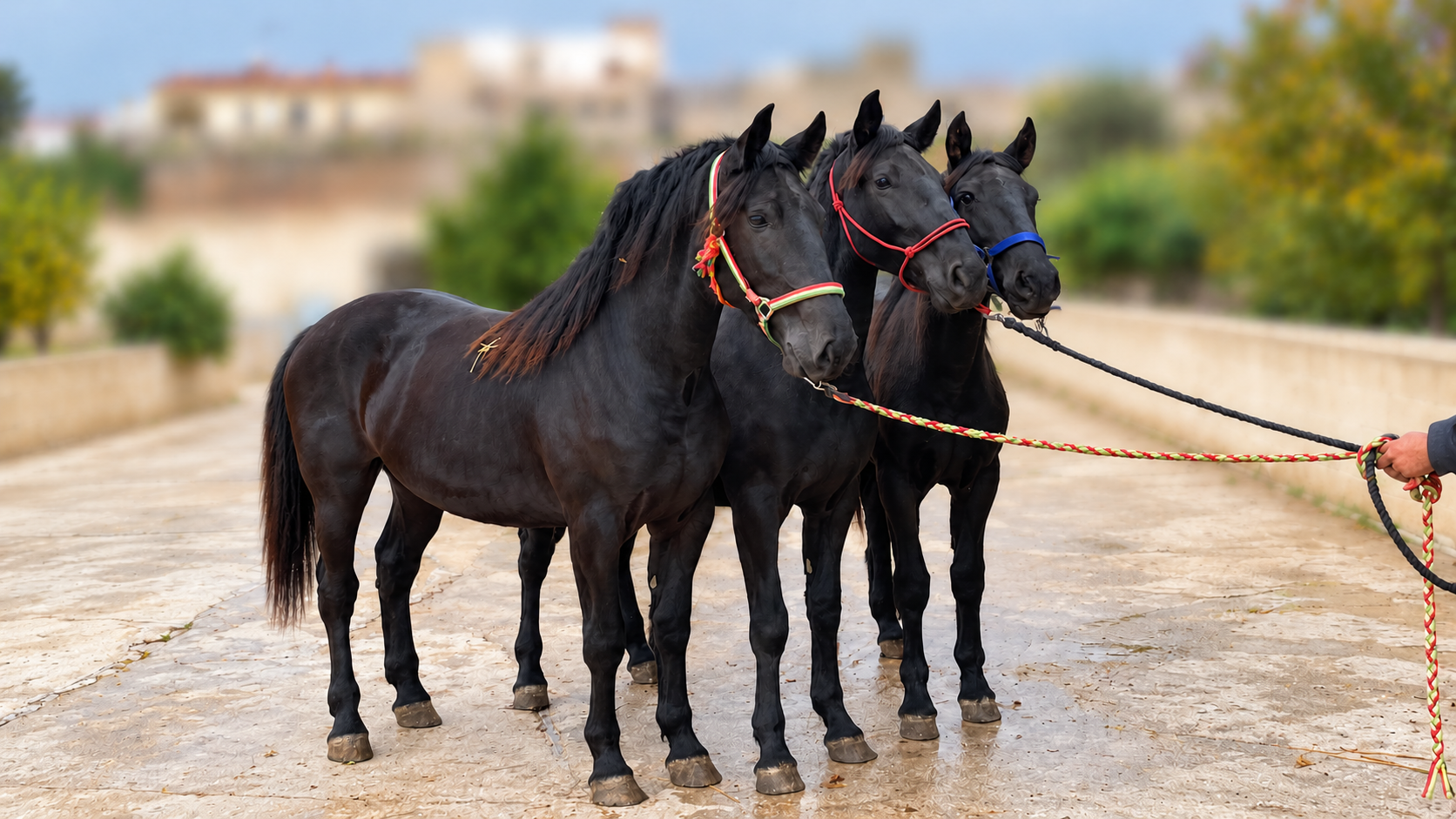 Tre cavalli neri con capezze colorate