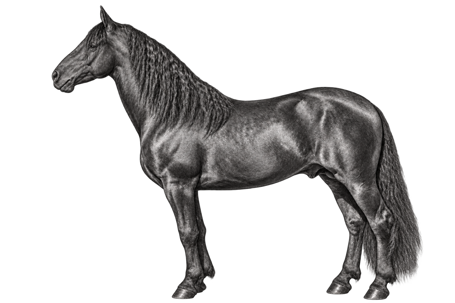 Disegno a matita di un Cavallo Murgese in profilo laterale, con arti e linea dorsale visibili