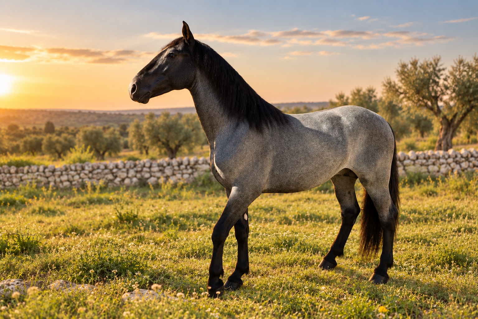 Cavallo Murgese grigio della Scuderia Mancini, senza capezza, ambientato con IA nel paesaggio pugliese